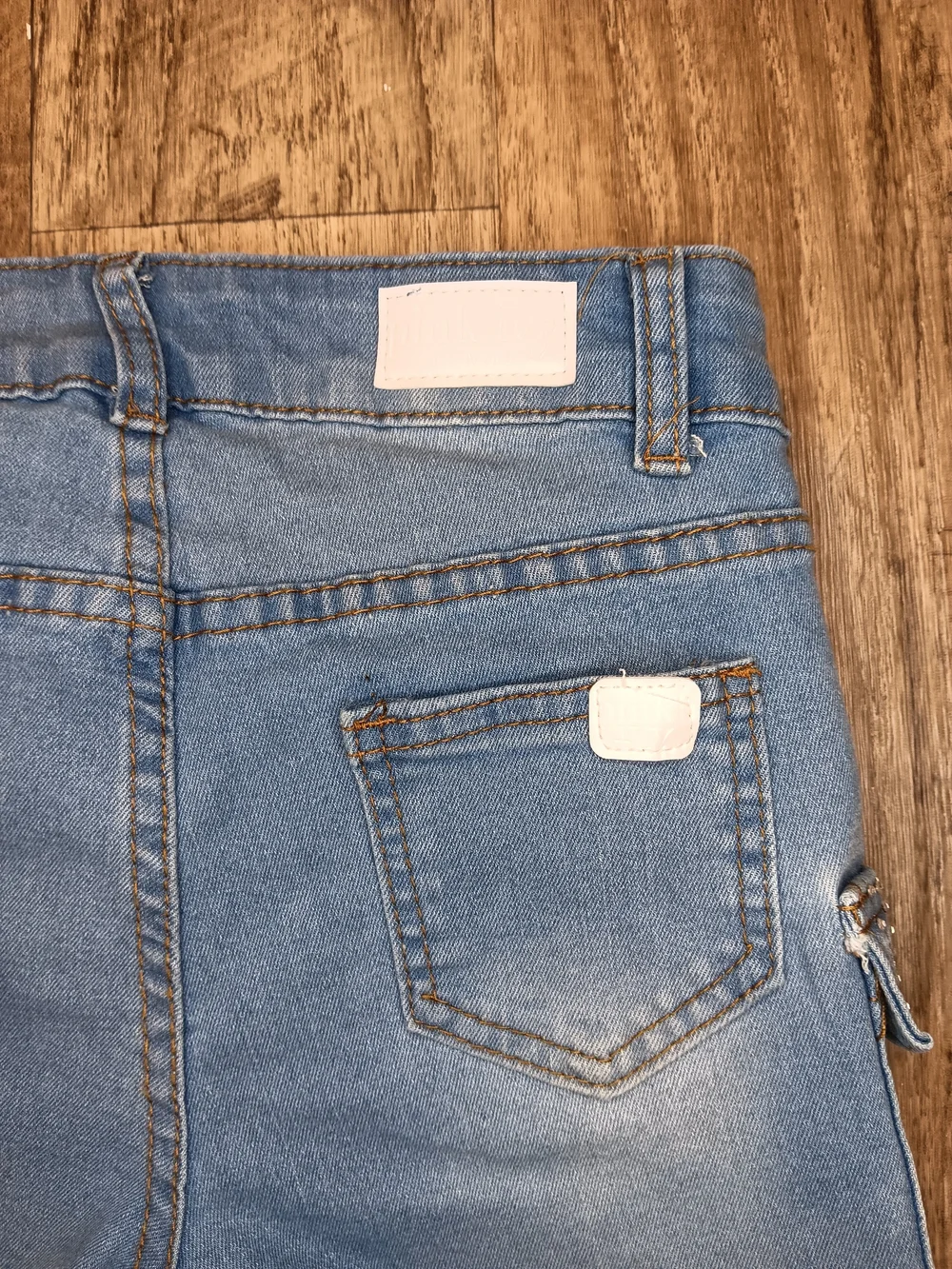 Girls Light Blue Denim Cargo Shorts with Studded Flap Pockets